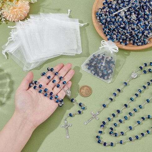 15Pcs Rosary Bead Bulk, Blue Glass Necklace with Cross Crucifix Crystal Bead Rosary Necklace Rosary Rosarios Catolicos Gifts with 15pc White Organza Bags for Easter Men Women in Kuwait
