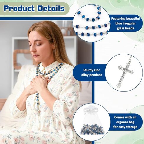 15Pcs Rosary Bead Bulk, Blue Glass Necklace with Cross Crucifix Crystal Bead Rosary Necklace Rosary Rosarios Catolicos Gifts with 15pc White Organza Bags for Easter Men Women in Kuwait