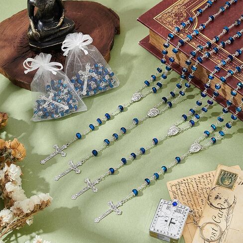 15Pcs Rosary Bead Bulk, Blue Glass Necklace with Cross Crucifix Crystal Bead Rosary Necklace Rosary Rosarios Catolicos Gifts with 15pc White Organza Bags for Easter Men Women in Kuwait