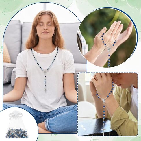 15Pcs Rosary Bead Bulk, Blue Glass Necklace with Cross Crucifix Crystal Bead Rosary Necklace Rosary Rosarios Catolicos Gifts with 15pc White Organza Bags for Easter Men Women in Kuwait