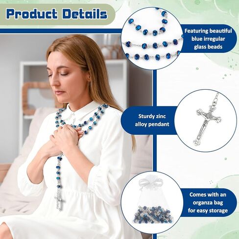 15Pcs Rosary Bead Bulk, Blue Glass Necklace with Cross Crucifix Crystal Bead Rosary Necklace Rosary Rosarios Catolicos Gifts with 15pc White Organza Bags for Easter Men Women in Kuwait