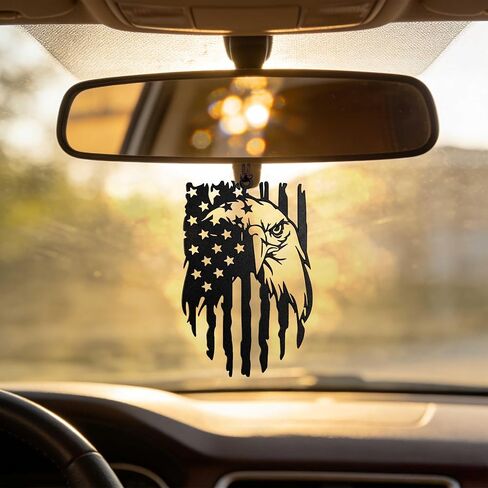 American Eagle Hanging Ornament with American Flag, Matte Black Metal Car Rearview Mirror Decoration, Patriotic Home and Office Decor, Eagles Metal Art for Car, Home, and Office in Saudi Arabia