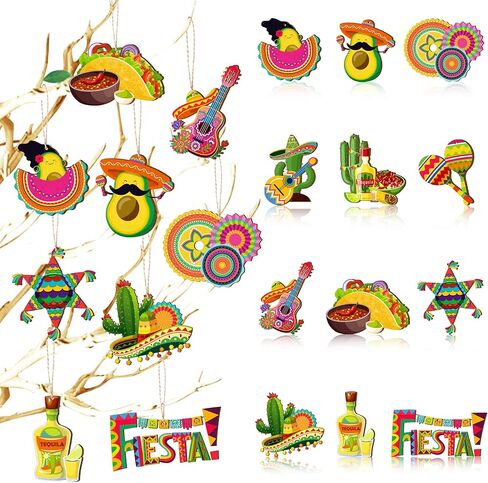 Mexican Fiesta Wooden Ornaments, 37pcs Cinco De Mayo Tree Ornament Hanging Ornaments Mexico Fiesta Wooden Decor for Mexican Fiesta Party Decorations Taco Party Decorations in Saudi Arabia