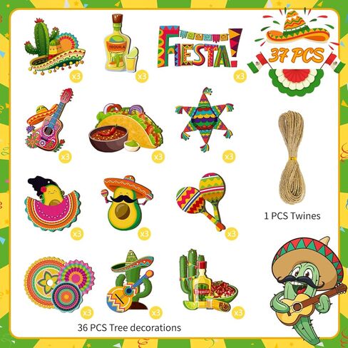 Mexican Fiesta Wooden Ornaments, 37pcs Cinco De Mayo Tree Ornament Hanging Ornaments Mexico Fiesta Wooden Decor for Mexican Fiesta Party Decorations Taco Party Decorations in Saudi Arabia