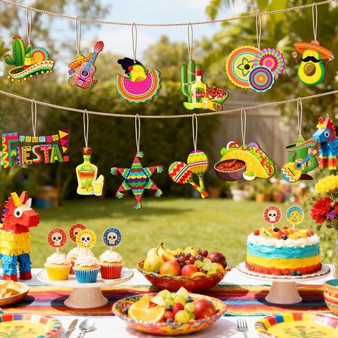 Mexican Fiesta Wooden Ornaments, 37pcs Cinco De Mayo Tree Ornament Hanging Ornaments Mexico Fiesta Wooden Decor for Mexican Fiesta Party Decorations Taco Party Decorations in Saudi Arabia