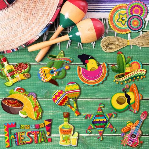 Mexican Fiesta Wooden Ornaments, 37pcs Cinco De Mayo Tree Ornament Hanging Ornaments Mexico Fiesta Wooden Decor for Mexican Fiesta Party Decorations Taco Party Decorations in Saudi Arabia