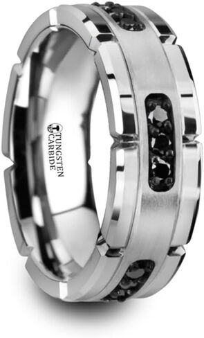 Roy Rose Jewelry Mens Tungsten Silver Inlay & Black Diamonds Grooved Wedding Ring - Brushed Comfort Fit - 8mm Wide - Style Name: Valor in Kuwait