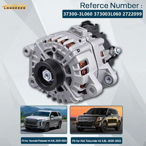 Alternator 13.5 V 180 A FIT Hyundai Palisade 2020-2023 & Kia Telluride 2020-2022 3.8 L – 6-Groove Clutch Pulley CW – Replaces 37300-3L060 373003L060 2722099 in Kuwait