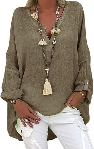 Womens Summer Tops Oversized Long Sleeve Shirts Lightwghit Cotton Linen Summer Vacation Beach Blouses Clother in Kuwait