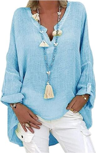 Womens Summer Tops Oversized Long Sleeve Shirts Lightwghit Cotton Linen Summer Vacation Beach Blouses Clother in Saudi Arabia