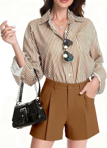 قمصان مخططة بأكمام طويلة وأزرار سفلية للسيدات، قمصان كاجوال بياقة مع جيوب in Kuwait