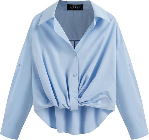 CIDER Long Sleeve Shirts for Women Solid Knotted Collar Oversized Button Down Blouse Office Work Shirt in Saudi Arabia