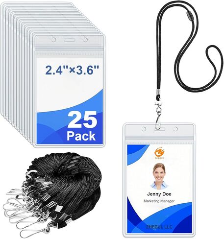 حبال سوداء قابلة للفصل لشارات الهوية، 25 حزمة مع حامل هوية رأسي، حامل شارة شفاف مقاوم للماء مع حبل قصير، حبال للرقبة لبطاقات اسم مؤتمرات العمل والمكتب والمدرسة in Kuwait