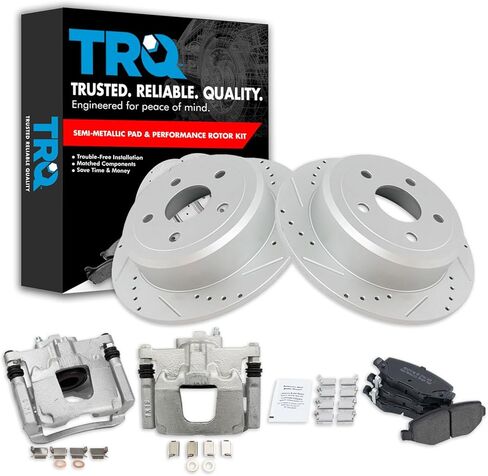 TRQ Rear Brake Pad and Rotor Set Semi Metallic Drilled Slotted G Coated Rotors Calipers Compatible with 2007-2017 Jeep Wrangler 2018 Wrangler JK in Saudi Arabia