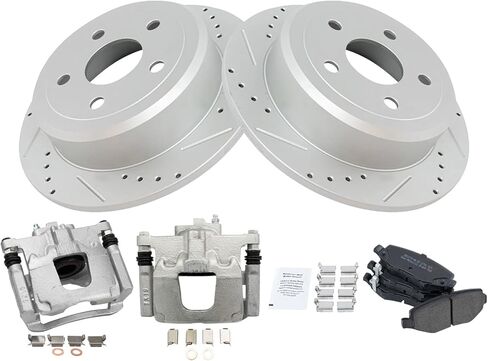TRQ Rear Brake Pad and Rotor Set Semi Metallic Drilled Slotted G Coated Rotors Calipers Compatible with 2007-2017 Jeep Wrangler 2018 Wrangler JK in Saudi Arabia