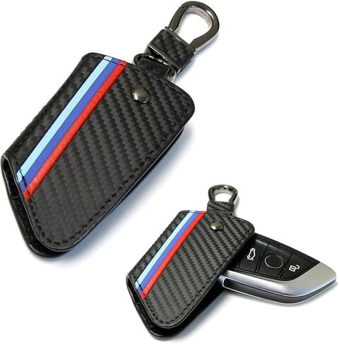 iJDMTOY Iconic 3-Color Stripe Black Carbon Fiber Pattern Leather Key Holder w/Keychain Compatible With BMW 2016-22 X1, 2019-22 X4, 2014-22 X5, 2015-22 X6, 2017-22 5 Series & 2016-22 7 Series in Saudi Arabia