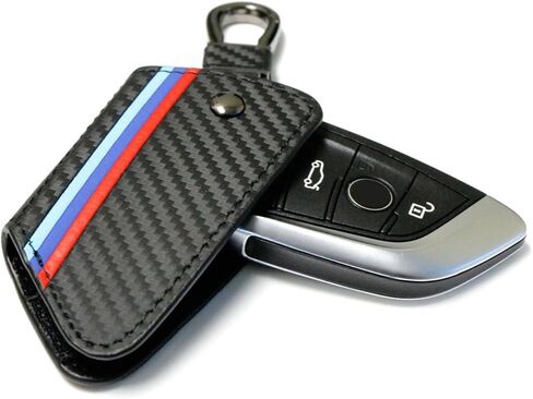 iJDMTOY Iconic 3-Color Stripe Black Carbon Fiber Pattern Leather Key Holder w/Keychain Compatible With BMW 2016-22 X1, 2019-22 X4, 2014-22 X5, 2015-22 X6, 2017-22 5 Series & 2016-22 7 Series in Saudi Arabia