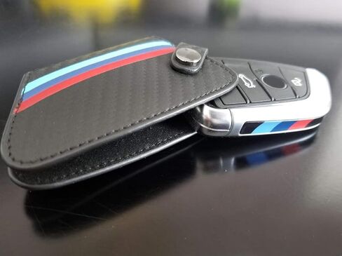 iJDMTOY Iconic 3-Color Stripe Black Carbon Fiber Pattern Leather Key Holder w/Keychain Compatible With BMW 2016-22 X1, 2019-22 X4, 2014-22 X5, 2015-22 X6, 2017-22 5 Series & 2016-22 7 Series in Saudi Arabia