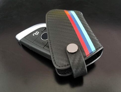iJDMTOY Iconic 3-Color Stripe Black Carbon Fiber Pattern Leather Key Holder w/Keychain Compatible With BMW 2016-22 X1, 2019-22 X4, 2014-22 X5, 2015-22 X6, 2017-22 5 Series & 2016-22 7 Series in Saudi Arabia