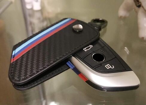 iJDMTOY Iconic 3-Color Stripe Black Carbon Fiber Pattern Leather Key Holder w/Keychain Compatible With BMW 2016-22 X1, 2019-22 X4, 2014-22 X5, 2015-22 X6, 2017-22 5 Series & 2016-22 7 Series in Saudi Arabia