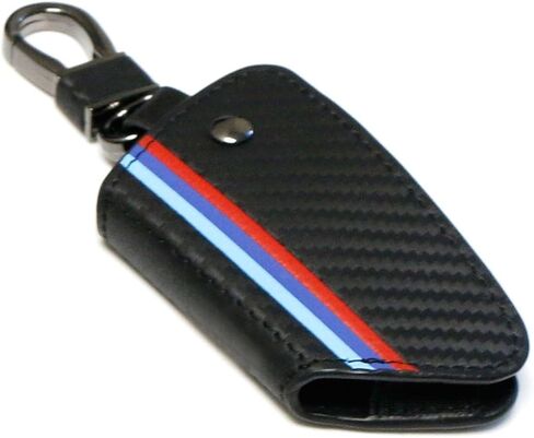 iJDMTOY Iconic 3-Color Stripe Black Carbon Fiber Pattern Leather Key Holder w/Keychain Compatible With BMW 2016-22 X1, 2019-22 X4, 2014-22 X5, 2015-22 X6, 2017-22 5 Series & 2016-22 7 Series in Saudi Arabia