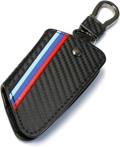 iJDMTOY Iconic 3-Color Stripe Black Carbon Fiber Pattern Leather Key Holder w/Keychain Compatible With BMW 2016-22 X1, 2019-22 X4, 2014-22 X5, 2015-22 X6, 2017-22 5 Series & 2016-22 7 Series in Saudi Arabia