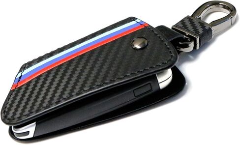 iJDMTOY Iconic 3-Color Stripe Black Carbon Fiber Pattern Leather Key Holder w/Keychain Compatible With BMW 2016-22 X1, 2019-22 X4, 2014-22 X5, 2015-22 X6, 2017-22 5 Series & 2016-22 7 Series in Saudi Arabia