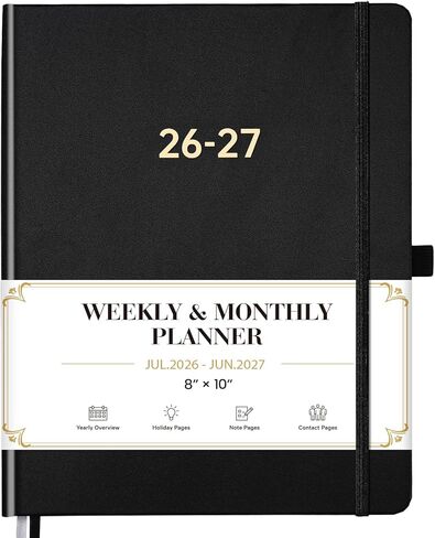 Planner 2026-2027 - Academic Planner 2026-2027, July 2026 - June 2027, 8'' x 10'', 26-27 Planner Weekly and Monthly, 26-27 Calendar Planners with Pen Holder, Elastic Closure, Leather Hardcover - Black in Kuwait