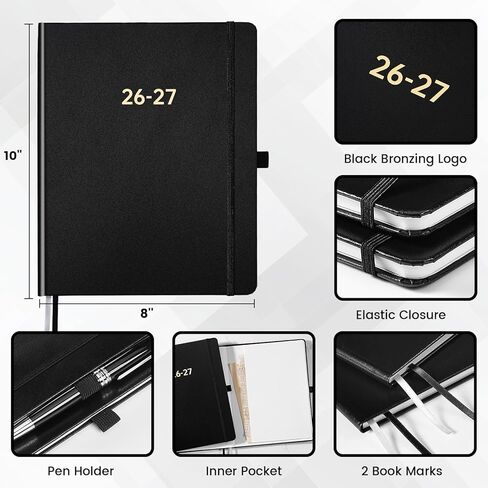 Planner 2026-2027 - Academic Planner 2026-2027, July 2026 - June 2027, 8'' x 10'', 26-27 Planner Weekly and Monthly, 26-27 Calendar Planners with Pen Holder, Elastic Closure, Leather Hardcover - Black in Kuwait