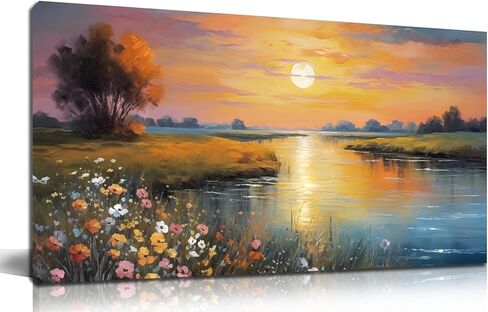 برتقالي أصفر غروب الشمس بحيرة المناظر الطبيعية قماش جدار الفن مع الزهور البرية الملونة النابضة بالحياة والجبال البعيدة، مشهد الطبيعة الهادئة صورة طباعة اللوحة الفنية لغرفة المعيشة ديكور غرفة نوم 40x20 بوصة in Kuwait