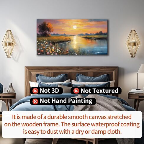 برتقالي أصفر غروب الشمس بحيرة المناظر الطبيعية قماش جدار الفن مع الزهور البرية الملونة النابضة بالحياة والجبال البعيدة، مشهد الطبيعة الهادئة صورة طباعة اللوحة الفنية لغرفة المعيشة ديكور غرفة نوم 40x20 بوصة in Kuwait