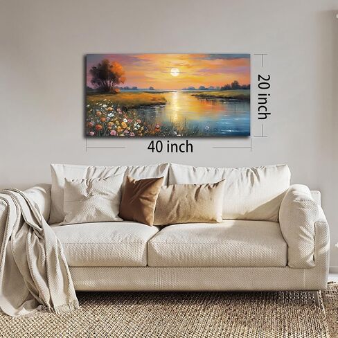 برتقالي أصفر غروب الشمس بحيرة المناظر الطبيعية قماش جدار الفن مع الزهور البرية الملونة النابضة بالحياة والجبال البعيدة، مشهد الطبيعة الهادئة صورة طباعة اللوحة الفنية لغرفة المعيشة ديكور غرفة نوم 40x20 بوصة in Kuwait