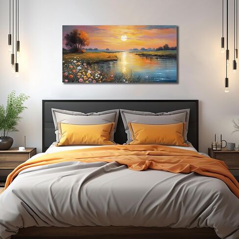 برتقالي أصفر غروب الشمس بحيرة المناظر الطبيعية قماش جدار الفن مع الزهور البرية الملونة النابضة بالحياة والجبال البعيدة، مشهد الطبيعة الهادئة صورة طباعة اللوحة الفنية لغرفة المعيشة ديكور غرفة نوم 40x20 بوصة in Kuwait
