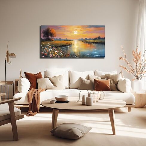 برتقالي أصفر غروب الشمس بحيرة المناظر الطبيعية قماش جدار الفن مع الزهور البرية الملونة النابضة بالحياة والجبال البعيدة، مشهد الطبيعة الهادئة صورة طباعة اللوحة الفنية لغرفة المعيشة ديكور غرفة نوم 40x20 بوصة in Kuwait
