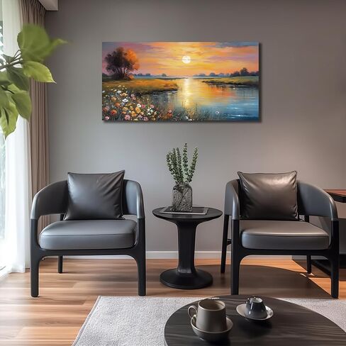 برتقالي أصفر غروب الشمس بحيرة المناظر الطبيعية قماش جدار الفن مع الزهور البرية الملونة النابضة بالحياة والجبال البعيدة، مشهد الطبيعة الهادئة صورة طباعة اللوحة الفنية لغرفة المعيشة ديكور غرفة نوم 40x20 بوصة in Kuwait