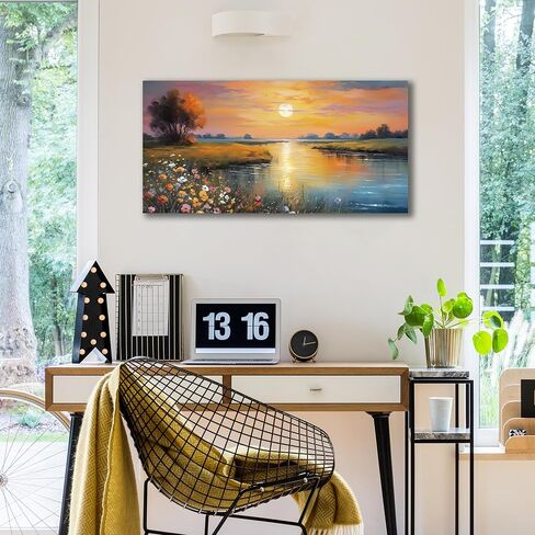 برتقالي أصفر غروب الشمس بحيرة المناظر الطبيعية قماش جدار الفن مع الزهور البرية الملونة النابضة بالحياة والجبال البعيدة، مشهد الطبيعة الهادئة صورة طباعة اللوحة الفنية لغرفة المعيشة ديكور غرفة نوم 40x20 بوصة in Kuwait