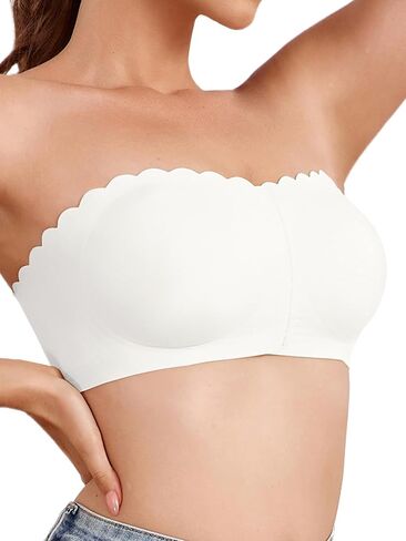 Strapless Bras for Women, L, Front Closure Anti-Slip Comfortable Bandeau Top, Wavy Edge Padded Bra White in Kuwait