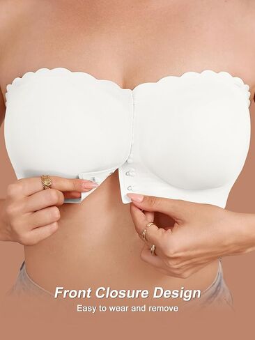 Strapless Bras for Women, L, Front Closure Anti-Slip Comfortable Bandeau Top, Wavy Edge Padded Bra White in Kuwait