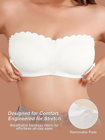 Strapless Bras for Women, L, Front Closure Anti-Slip Comfortable Bandeau Top, Wavy Edge Padded Bra White in Kuwait