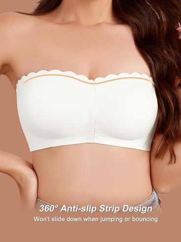 Strapless Bras for Women, L, Front Closure Anti-Slip Comfortable Bandeau Top, Wavy Edge Padded Bra White in Kuwait