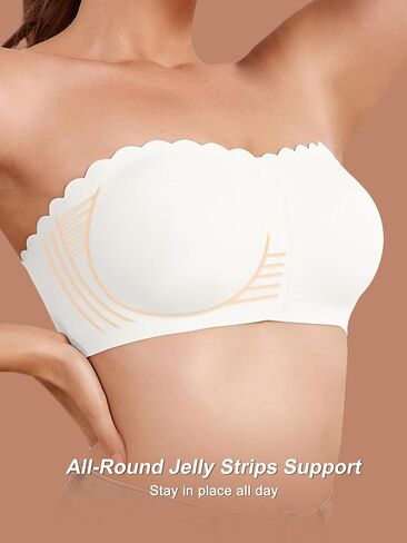 Strapless Bras for Women, L, Front Closure Anti-Slip Comfortable Bandeau Top, Wavy Edge Padded Bra White in Kuwait