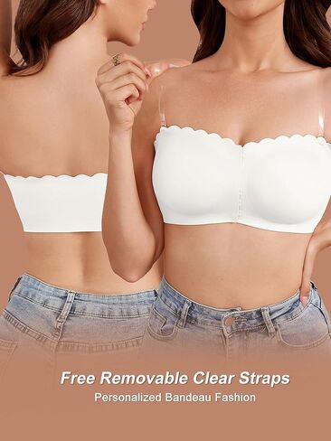 Strapless Bras for Women, L, Front Closure Anti-Slip Comfortable Bandeau Top, Wavy Edge Padded Bra White in Kuwait