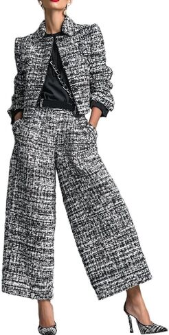 Women's American Style Elegant Tweed Single-Breasted Jacket Straight Leg Pants 2 Piece,Black,XL in Saudi Arabia
