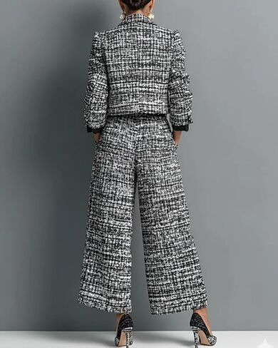 Women's American Style Elegant Tweed Single-Breasted Jacket Straight Leg Pants 2 Piece,Black,XL in Saudi Arabia
