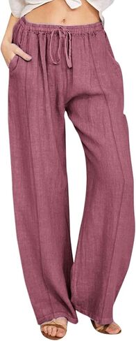 Cotton Linen Pants for Women 2026,Summer Wide Leg Plus Size High Waist Flowy Lounge Palazzo Pant Beach Resort Wear in Saudi Arabia