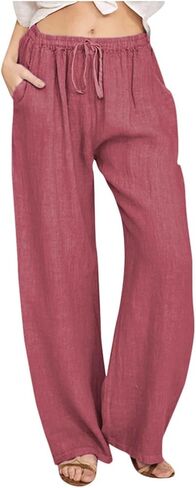 Cotton Linen Pants for Women 2026,Summer Wide Leg Plus Size High Waist Flowy Lounge Palazzo Pant Beach Resort Wear in Kuwait