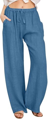 Cotton Linen Pants for Women 2026,Summer Wide Leg Plus Size High Waist Flowy Lounge Palazzo Pant Beach Resort Wear in Kuwait