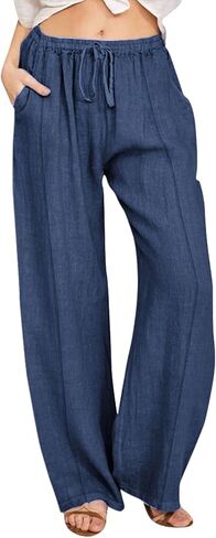 Cotton Linen Pants for Women 2026,Summer Wide Leg Plus Size High Waist Flowy Lounge Palazzo Pant Beach Resort Wear in Kuwait