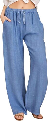 Cotton Linen Pants for Women 2026,Summer Wide Leg Plus Size High Waist Flowy Lounge Palazzo Pant Beach Resort Wear in Kuwait