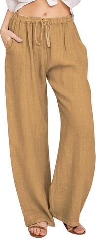Cotton Linen Pants for Women 2026,Summer Wide Leg Plus Size High Waist Flowy Lounge Palazzo Pant Beach Resort Wear in Kuwait